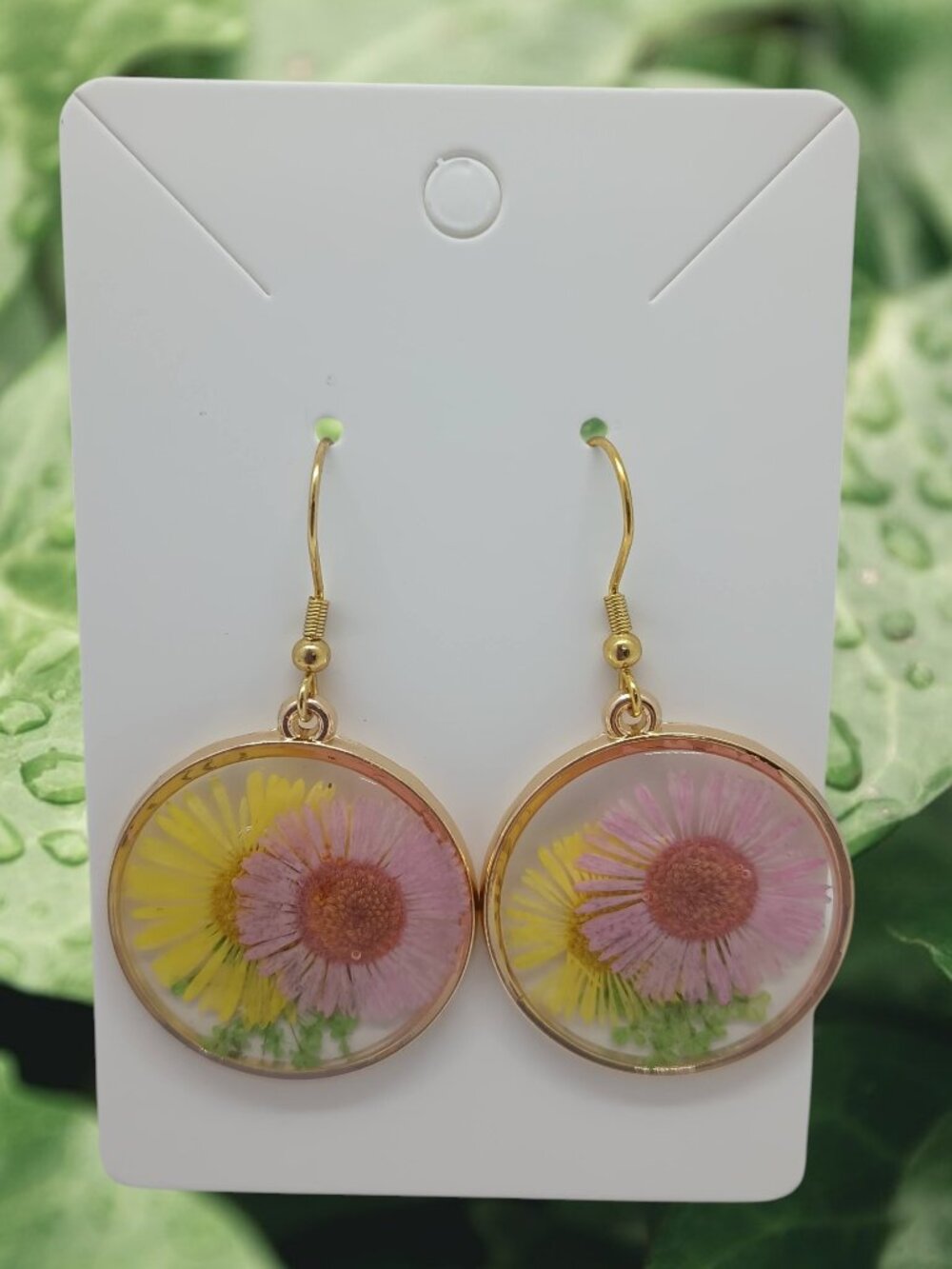 Pink Yellow & Green Dried Flowers in Resin Earrings with Gold Plated Wires